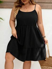 SHEIN CURVE+ Plus Size Women A-Line Black Spaghetti Strap Dress Photoshoot Summer Basic Casual - Black - View 6