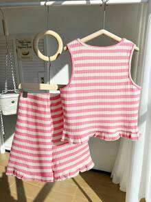SHEIN 2pcs/Set Striped Bow Tie Sleeveless Crop Top,Ruffle Hem Shorts Set For Teenage Girls,Cute Light Pink Summer Sweet & Spicy Style Family Matching Set - Pink - View 2