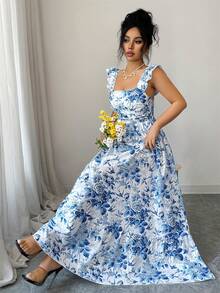 Elenzga Vestido largo de verano elegante con estampado tejido para mujer - Azul - Ver 6