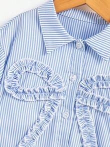 SHEIN Girls Toddler Summer New Simple Lapel Short Sleeve Button-Front Shirt With 3D Ruffle Bow Decor, Loose Fit Casual Striped Blouse - Blue - View 4
