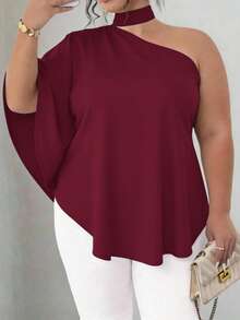 SHEIN CURVE+ Plus Size Women's Solid Color Batwing Sleeve Loose Fashion Blouse - Burgundy - View 4