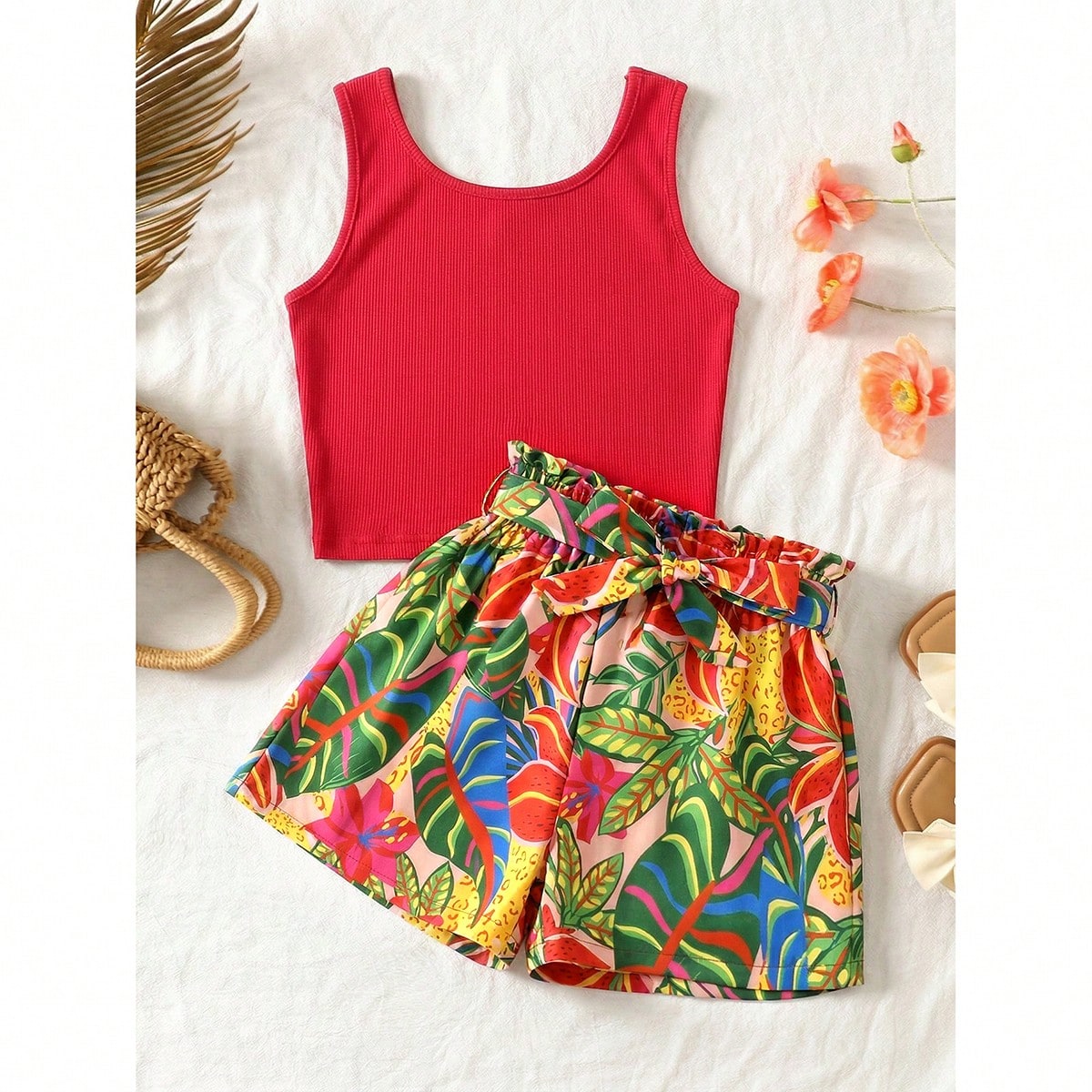 Conjunto de 2 piezas para niña preadolescente con top de tirantes negro y shorts de estampado de leopardo con cintura de papel