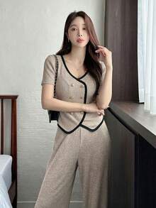 DAZY 女士撞色针织上衣和阔腿裤两件套，春夏休闲套装 - 杏色 - 查看 5
