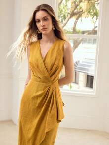 MOTF PREMIUM Đầm nữ cổ chữ V, chất liệu 100% linen, kiểu dáng vạt chéo, thích hợp cho hẹn hò và nghỉ dưỡng, mùa xuân/hè. - màu nâu - Xem 5