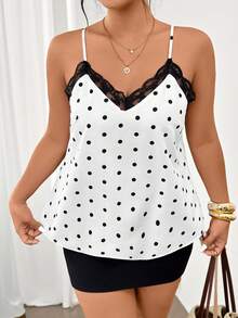 Lounesse Camiseta de tirantes de talla grande de verano con estampado de lunares y parches de malla - Albaricoque - Ver 3
