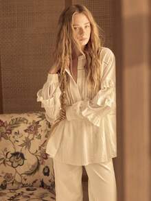 MOTF STUDIO 女士棉质提花荷叶边纽扣衬衫 - 白色 - 查看 9