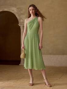 MOTF PREMIUM SUMMER SOLID COLOR TEXTURED FABRIC METAL DECOR CINCHED WAIST DRESS - Green - View 2