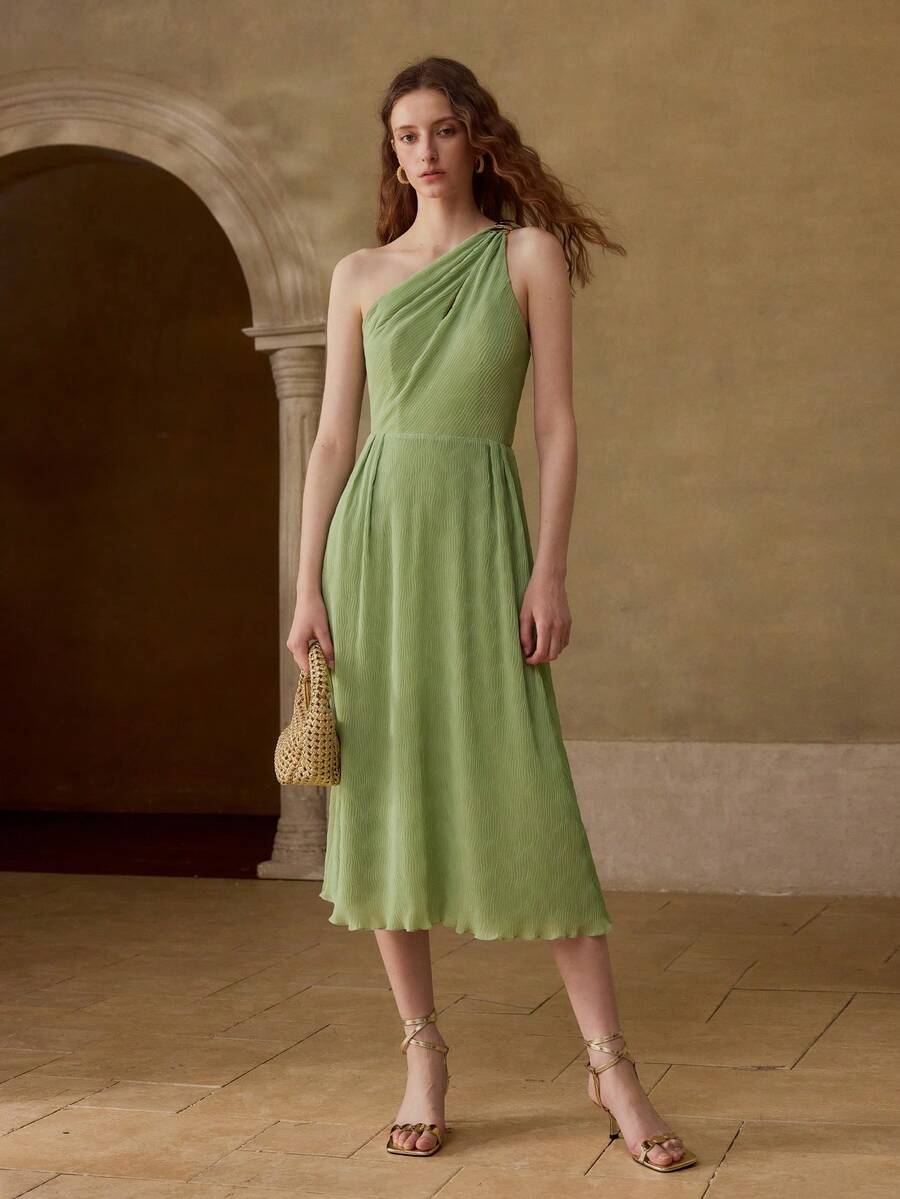 MOTF PREMIUM SUMMER SOLID COLOR TEXTURED FABRIC METAL DECOR CINCHED WAIST DRESS - Green - View 2