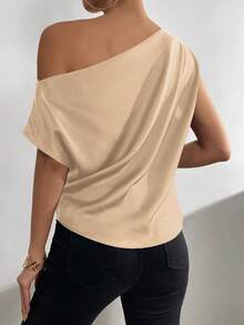 Chiquease Solid Asymmetrical Neck Satin Blouse One Shoulder Top - Champagne - View 7