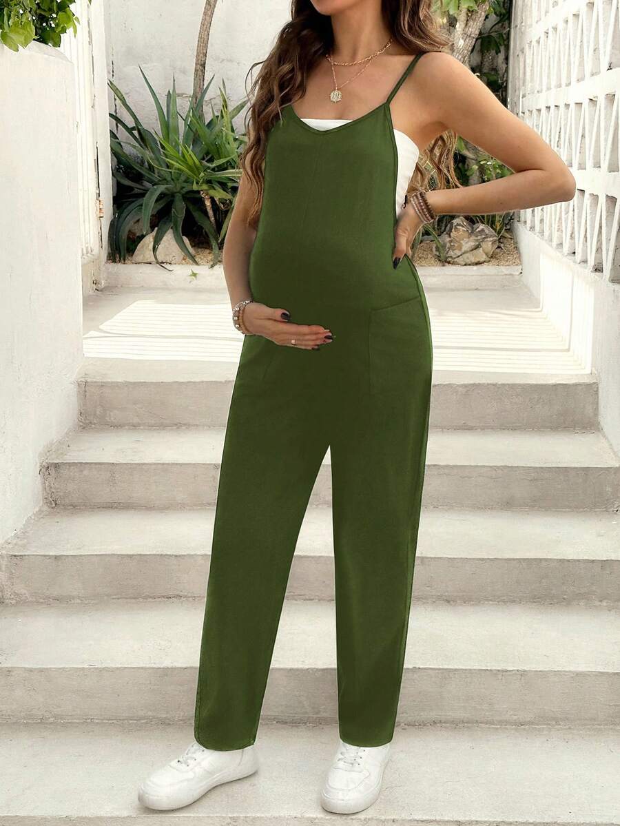 SHEIN Bộ áo liền quần bầu màu đen dệt kim có túi phía trước - xanh quân đội - Xem 1