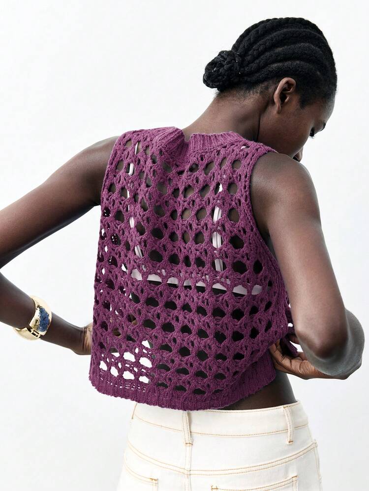 SHEIN Maija 2026 Spring & Summer Outfits Solid Color Round Neck Side Slit Short Hollow See-Through Knitted Klein Blue Blouse, Vacation Style Women Clothes, For Outdoor Wear Sheer Top,Beach Outfit For Women,Vacation Outfits Women