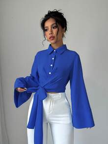 Selianne Áo kiểu nữ mùa xuân đơn giản, thanh lịch, màu trơn, buộc dây ở gấu áo, tay loe. - Xanh đậm - Xem 3