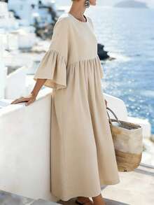Breezaya Zanzea Women's Summer White Boho Beach Holiday,Holiday V-Neck Bow Sleeveless A-Line Waist Cinched Dress Elegant Casual Party Streetwear - Khaki - View 4