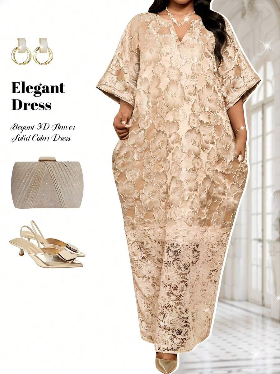 Fleurora Plus Size Women Elegant Jacquard Keyhole Neck 3/4 Sleeve A-Line Dress Summer Dress Spring Dress  Wedding Guest Dress For Women  Party Dress  Elegant Dresses For Party Wedding&Party&I Cocktail Party Luxury Evening Dresses For Women Elegant Womens Dress Womens Kaftan Dress Embroidered Kaftan Dress Lace Insert Kaftan - Dusty Pink - View 1