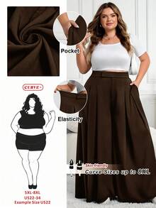 SHEIN CURVE+ CURVE PLUS /情人节/大码女式褶皱宽松裤，春夏款 - 棕色 - 查看 1