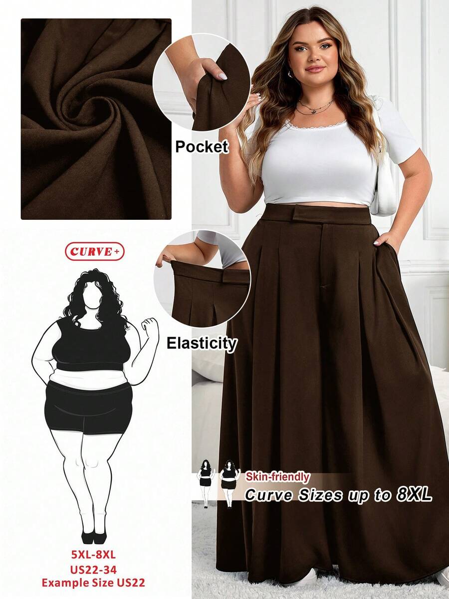 SHEIN CURVE+ CURVE PLUS /情人节/大码女式褶皱宽松裤,春夏款 - 棕色 - 查看 1