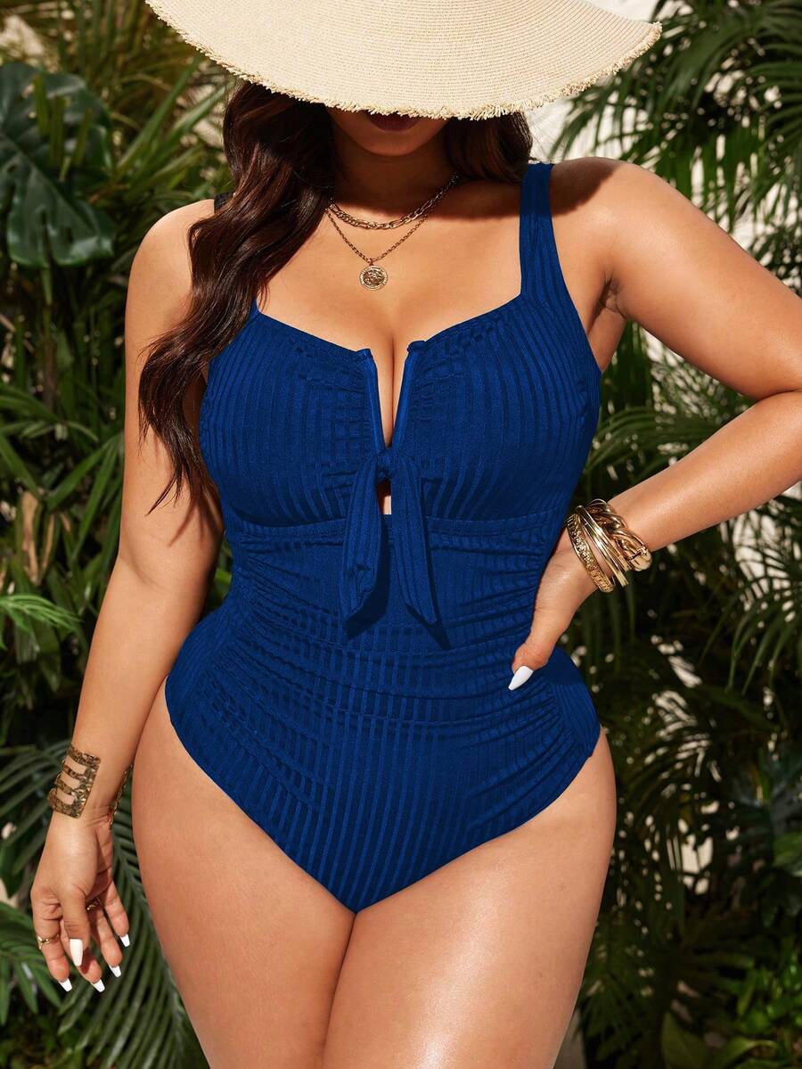 Swim Lushoire Plus Size Women's Wide Ribbed V-Neck Tie Waist Ruched Slimming One-Piece Swimsuit, Suitable For Beach And Pool - Navy Blue - View 1