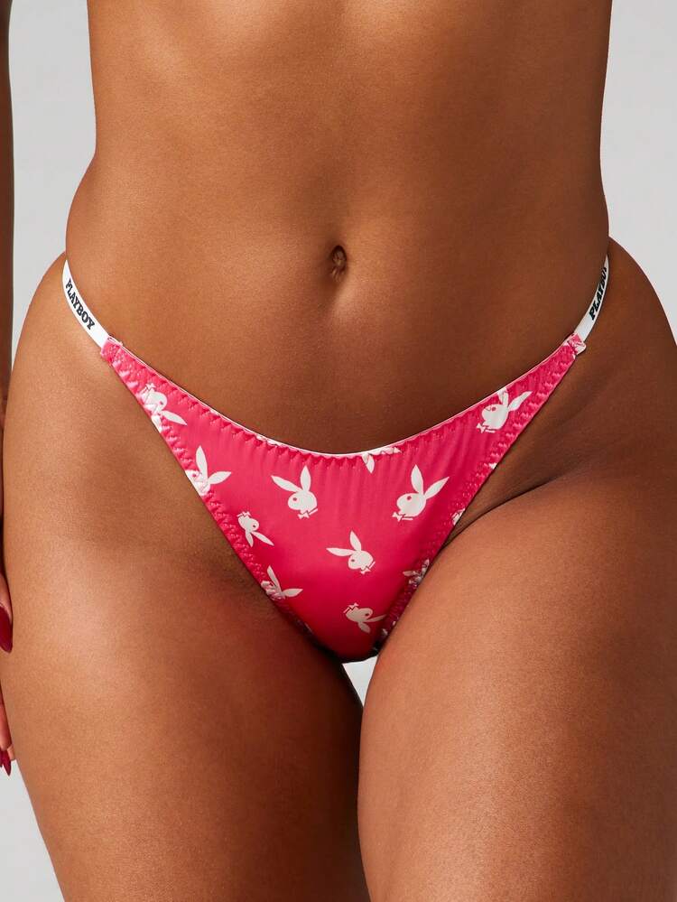 Missguided x Playboy Bunny Print Thong Underwear High Cut Brazilian Style Low Rise Bikini Bottom Brief
