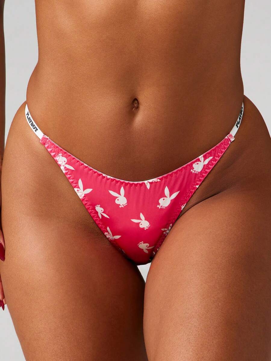 Missguided x Playboy 兔耳印花丁字裤高腰巴西式低腰比基尼泳裤 - 玫紅色 - 查看 1