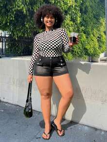 Muchica Plus Checker Print Lettuce Trim Crop Top Without Cami Top, Summer - Black and White - View 3