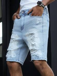 Manfinity EMRG Quần short denim nam màu xanh lam in họa tiết, phong cách đường phố thường ngày, rách rưới. - Rửa nhẹ - Xem 3