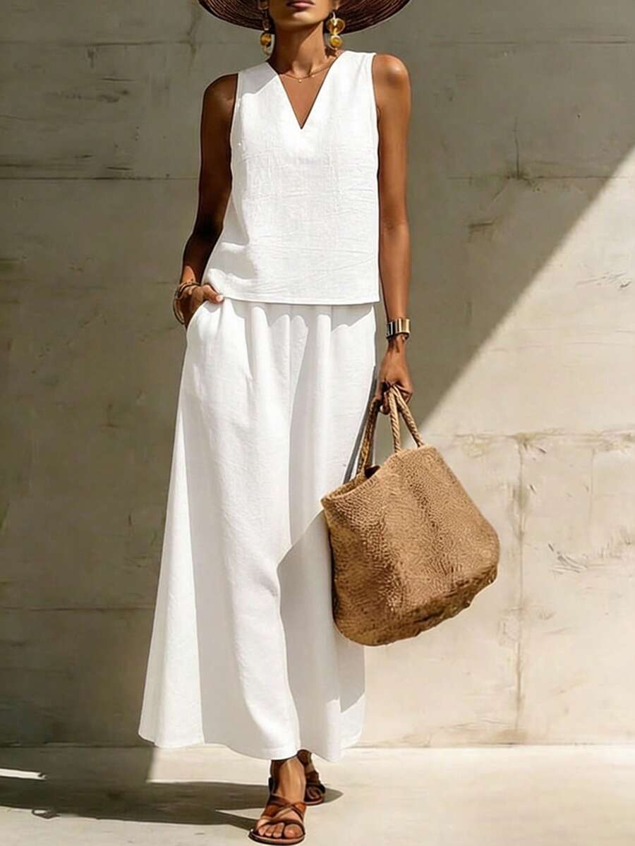 SHEIN LUNE 1 套纯色亚麻质感女式短袖吊带背心和裙子 - 白色 - 查看 1