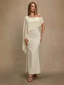 SHEIN BAE Đầm suông màu nâu trơn thanh lịch, trễ vai, dáng ôm, thích hợp cho tiệc sinh nhật, tiệc chiêu đãi, các sự kiện tụ họp, mặc nhiều lớp vào mùa thu/đông, Halloween, Giáng sinh, đầm sang trọng. - Màu be - Xem 3