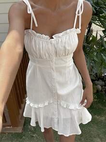 Livesso Đầm cotton trắng xếp ly eo, thích hợp cho đi biển, kỳ nghỉ, tiệc Phục Sinh, mùa hè. - trắng - Xem 4