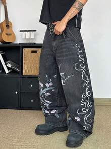 STEELVANCE Celana Jeans Kasual Model Lurus Longgar dengan Motif Kumis Kucing Bergaya Vintage, Streetwear Modis - Hitam - View 4