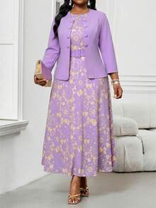SHEIN Lady Bộ 2 món dành cho nữ cỡ lớn, kiểu dáng công sở, họa tiết sóng trừu tượng, cổ tròn, có thắt lưng, dáng midi, thích hợp cho kỳ nghỉ hoặc đi chơi. - Màu tím - Xem 5