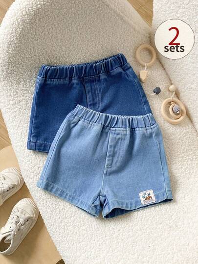 Playful Pals Bộ quần short denim thường ngày cho bé trai, chất liệu nhẹ, kiểu dáng mới mùa hè, màu xanh nhạt pha xanh dương, phong cách đường phố thời trang dễ thương, đơn giản, cạp chun co giãn, chất liệu denim cotton mềm mại, phù hợp mặc hàng ngày, dự tiệc, đi học, đi làm, bộ sưu tập mới Xuân/Hè 2026.