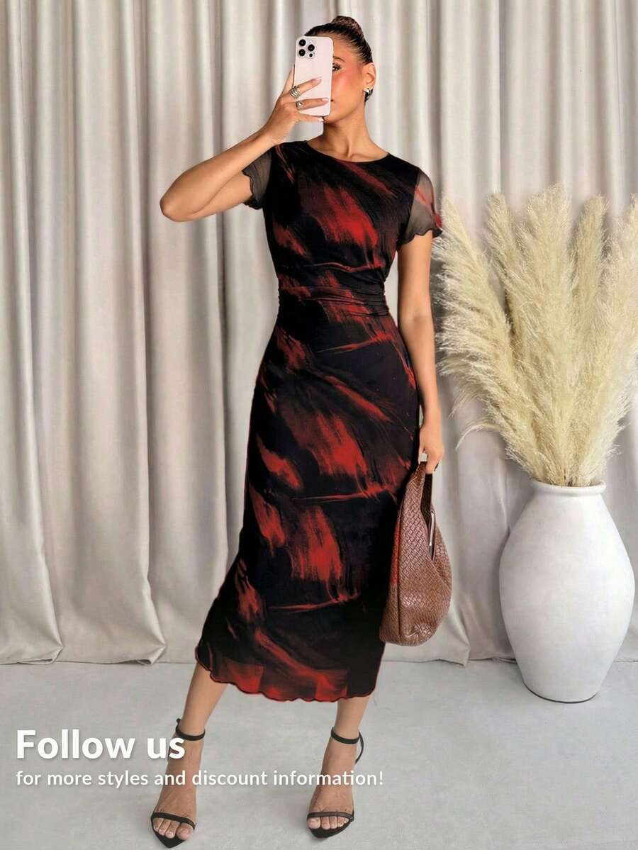 Lavishia Women's Fashionable Printed Short Sleeve Dress, Spring/Summer,Summer Dresses For Women - Red and Black - View 1