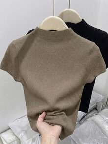 Resyla Áo thun nữ tay ngắn cổ đứng màu trơn, thời trang, đa năng, thích hợp mặc đi làm mùa thu/đông, chất liệu dệt kim. - Nhiều màu - Xem 2