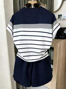 Resyla 女士T恤短裤套装，夏季新款，休闲运动装，办公或健身服，优雅设计，多色条纹印花，藏蓝色，女士T恤短裤套装 - 彩色 - 查看 2