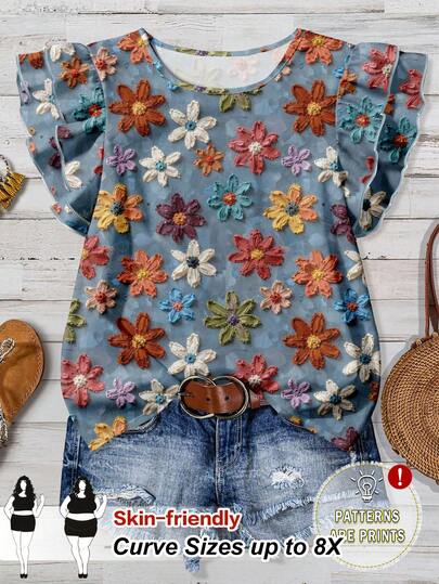 SHEIN CURVE+ Camicia casual con stampa floreale e maniche a volant per donne taglie forti