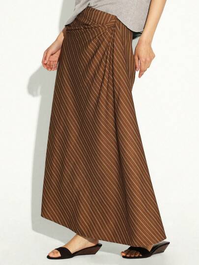 KSTM Chân váy maxi dài ngang gối kẻ sọc cạp cao dành cho nữ, có dây buộc bên hông, màu nâu, thanh lịch, kiểu dáng suông, thích hợp cho mùa thu.