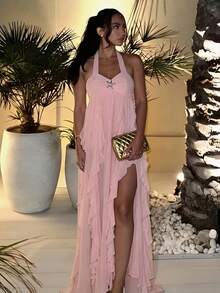 Aloruh 女士春夏新款纯色浅粉色超长连衣裙，女士连衣裙，女士夏季连衣裙，女士优雅连衣裙，女士优雅礼服，女士优雅派对礼服，婚礼派对礼服，女士婚礼宾客礼服，女士夏季服装，女士夏季连衣裙，夏季服装，夏季度假服装，女士夏季连衣裙，女士沙滩装，女士度假装，女士度假连衣裙，女士节日连衣裙，惊艳连衣裙 - 粉色 - 查看 2