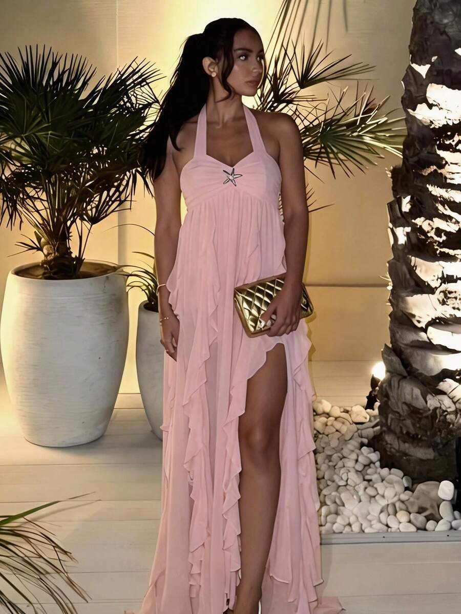 Aloruh 女士春夏新款纯色浅粉色超长连衣裙，女士连衣裙，女士夏季连衣裙，女士优雅连衣裙，女士优雅礼服，女士优雅派对礼服，婚礼派对礼服，女士婚礼宾客礼服，女士夏季服装，女士夏季连衣裙，夏季服装，夏季度假服装，女士夏季连衣裙，女士沙滩装，女士度假装，女士度假连衣裙，女士节日连衣裙，惊艳连衣裙