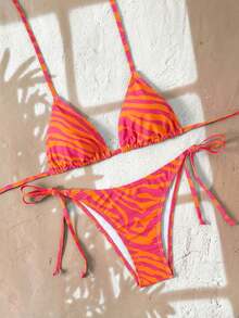 Swim Vcay Women's Summer Beach Zebra Print Halter Tie Sexy Bikini And Triangle Panty Swimwear Set - Multicolor - View 1