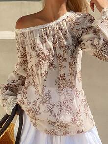 Livesso Áo kiểu nữ tay dài lệch vai in hoa, viền ren, thích hợp mặc đi nghỉ mát. - Hồng - Xem 2