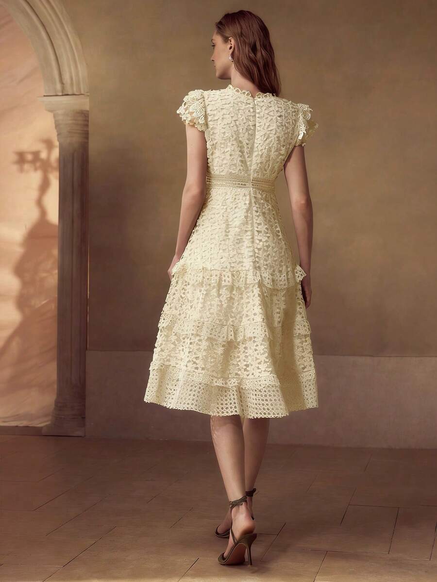 MOTF PREMIUM LACE PATCHWORK CINCHED WAIST A-LINE WOMEN'S DRESS - Apricot - View 2
