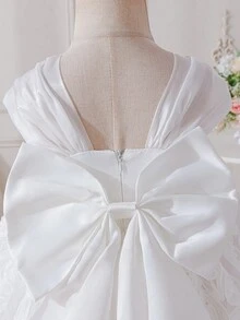 SHEIN Glamorique Kids Baby Girl White Summer Elegant Flower Girl Princess Dress,Large Bow Spaghetti Strap Mesh Dress For Birthday Party,Wedding,Graduation,Baby Shower - White - View 5