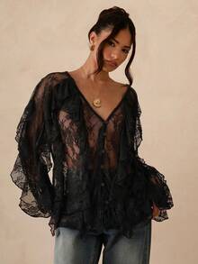 SHEIN Glamour Áo kiểu dáng thường ngày tay dài cổ chữ V màu cà phê dành cho nữ - màu đen - Xem 5