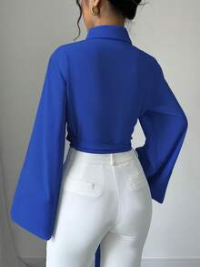 Selianne Áo kiểu nữ mùa xuân đơn giản, thanh lịch, màu trơn, buộc dây ở gấu áo, tay loe. - Xanh đậm - Xem 2