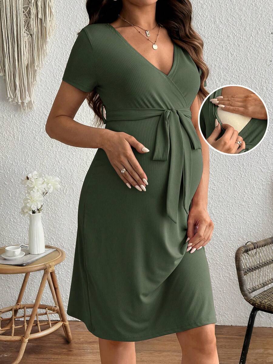 SHEIN 孕妇纯色腰带哺乳连衣裙 - 軍綠色 - 查看 1