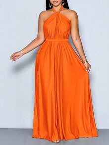 SOLERSUN Women's Elegant Apricot Satin Ruched Halter With Belt Maxi Dress,Ruched Flowy Backless Evening Gown For Formal Party Prom Wedding Guest - Orange - View 6