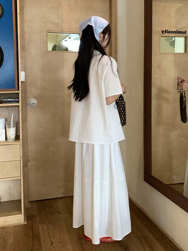 Women's Collared Short Sleeve Printed Casual Shirt And A-Line Skirt 2 Pieces Set