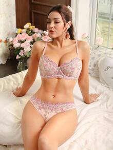 FloralLove Women's Lingerie Set, Mesh Patchwork Pink Embroidered Trim + Underwire Bra, Suitable For Music Festival, Vacation, Party, Pastoral Romantic Style - Pink - View 4