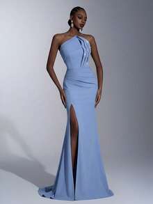 Elitara Elegant Luxurious Elastic Knit Asymmetric Neck Ruched Sexy Slit Fishtail Hem Formal Evening Gown For Women - Baby Blue - View 6