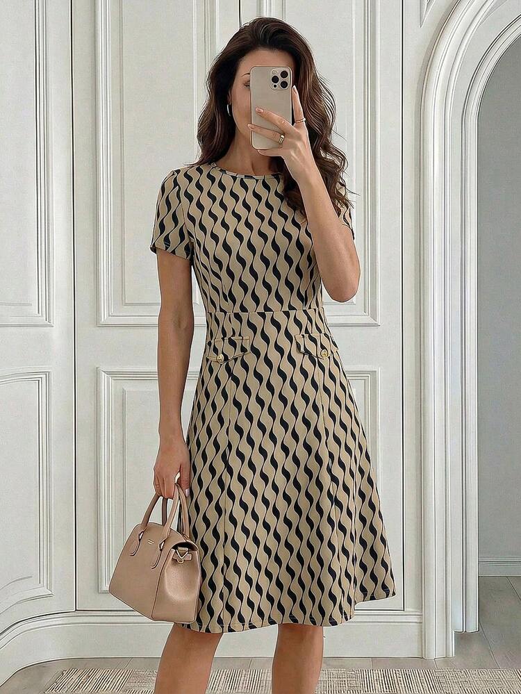 Wave Print Round Neck Short Sleeve Elegant Dress,Summer Dresses For Women Zigzag Dress Elegant Dress For Women New Arrival Casual Dresses For Women Summer Short Sleeve Dress,Summer Dress, Elegant Dresses For Ladies,Work Wear Women,Floral Dress